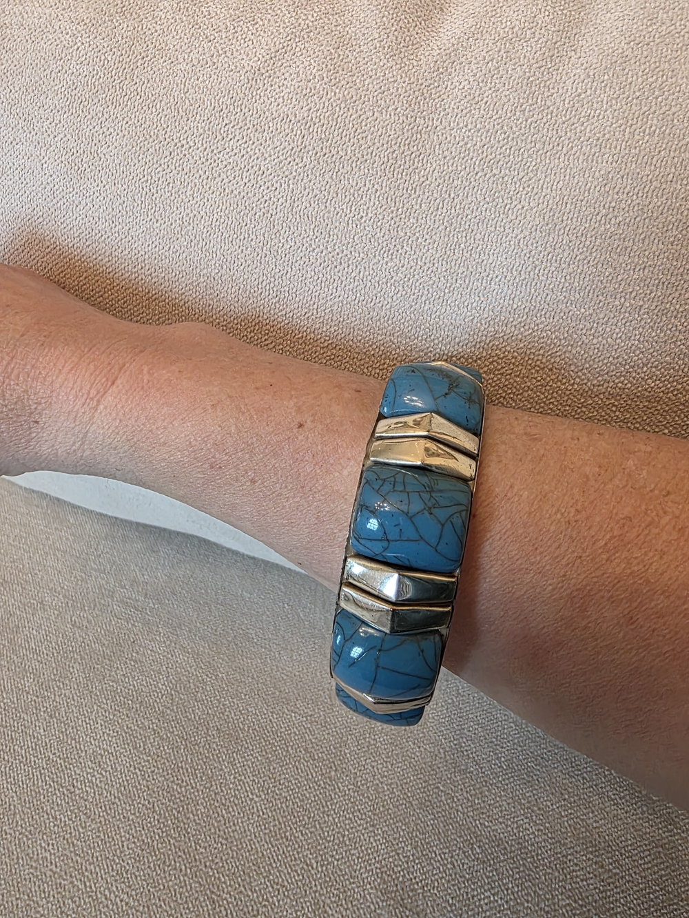 Turquoise Stone Chunky Bangle Bracelet Silver Tone Statement Cuff - Picture 3 of 7